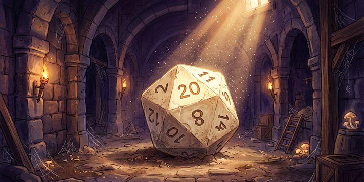 A giant twenty-sided die in a dungeon hall